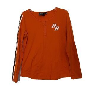 HARLEY DAVIDSON orange graphic logo print henly long sleeve tshirt size Medium